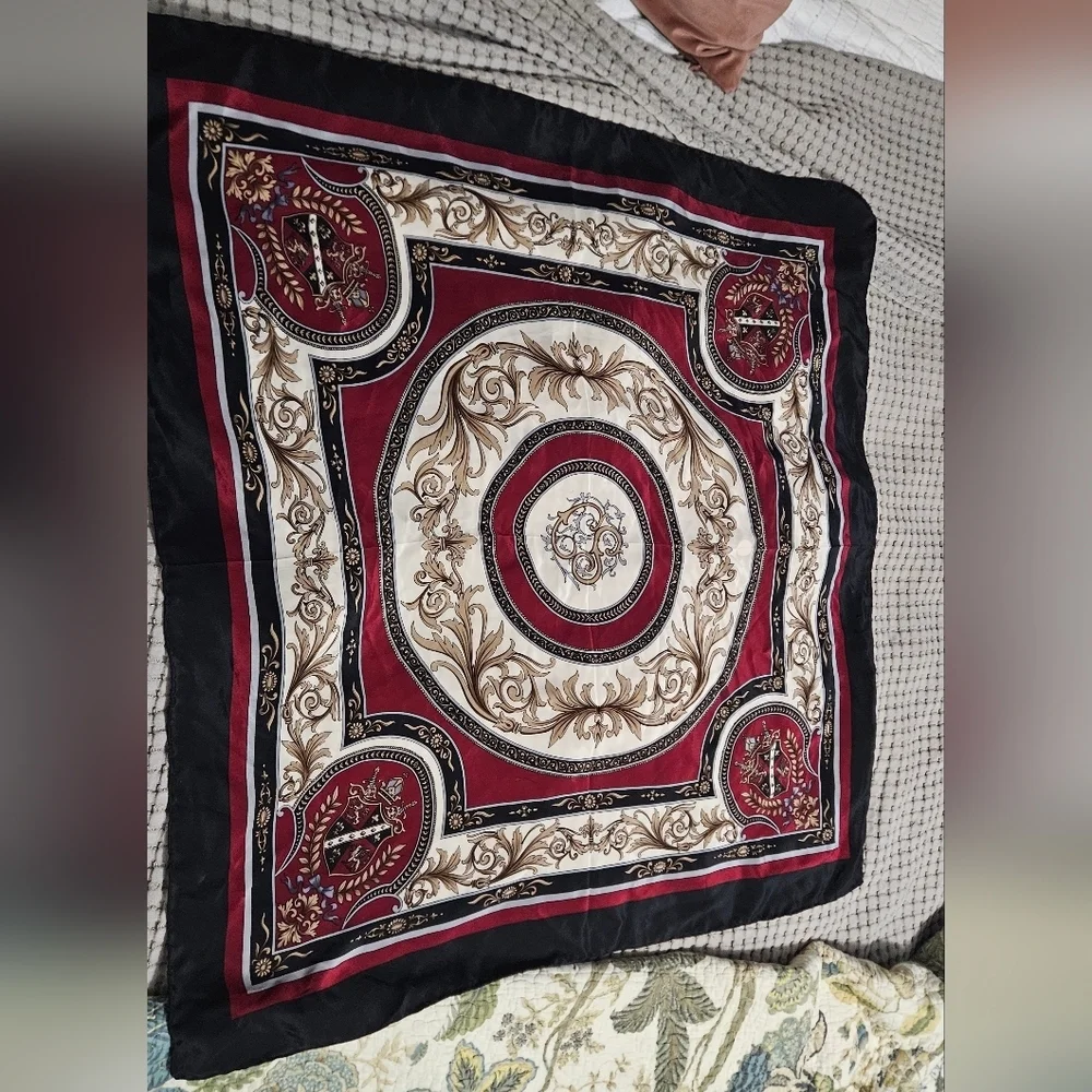Vintage 1980s Silk Heraldic Shield Versace Style Large Sqaure Scarf. Red/Black. - Picture 3 of 11